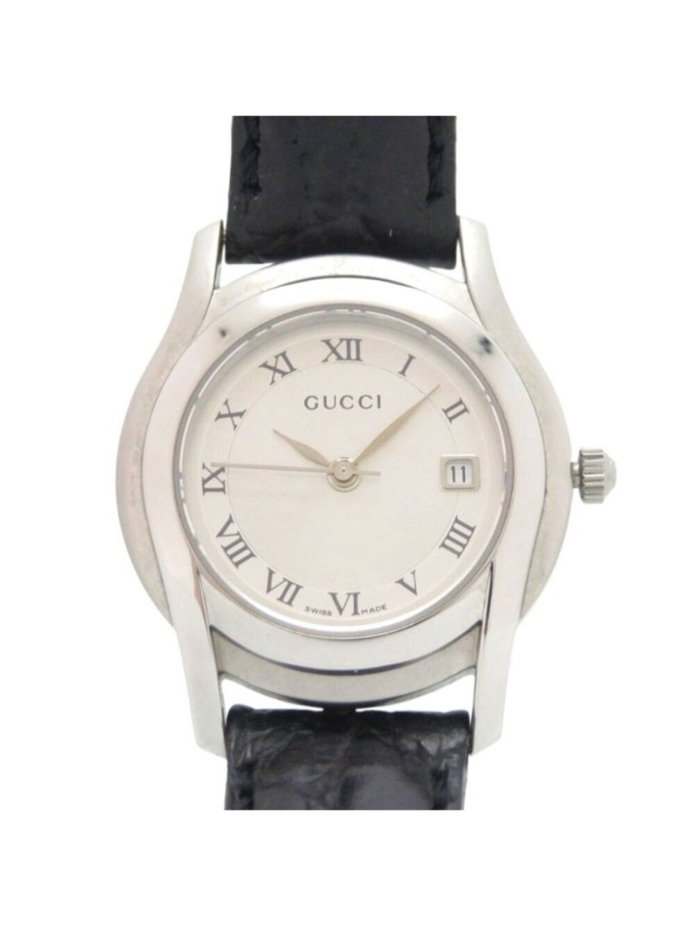 Gucci SS Embossed Leather Silver Black Quartz Watch